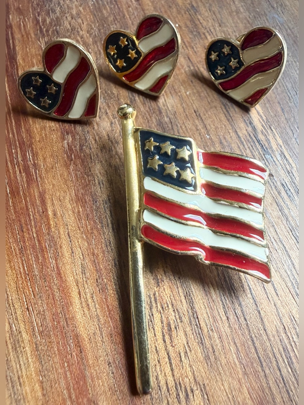 Avon Red White Blue American Flag Pin Brooch Heart Earrings Pierced Patriotic